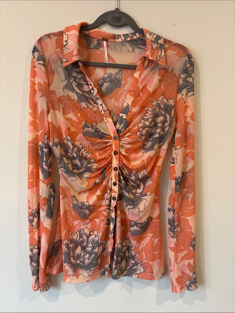 Free People Coral and Gray Floral Ruched Button-Front Blouse